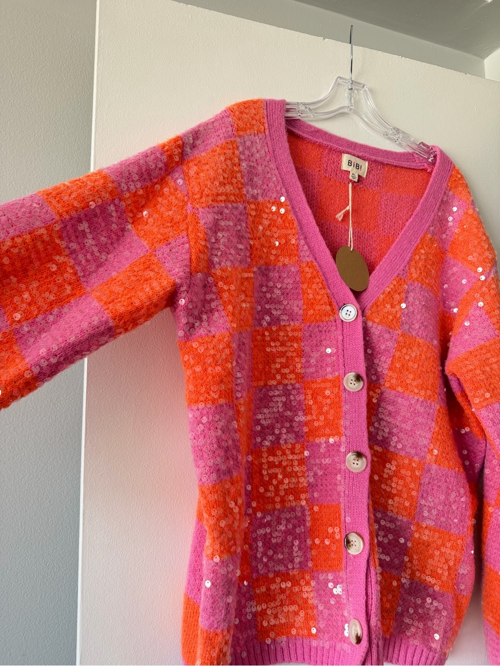 BiBi Pink Orange Checkered Sequin Oversized Cardigan Sweater Knit XL NWT Sparkle - Picture 9 of 10